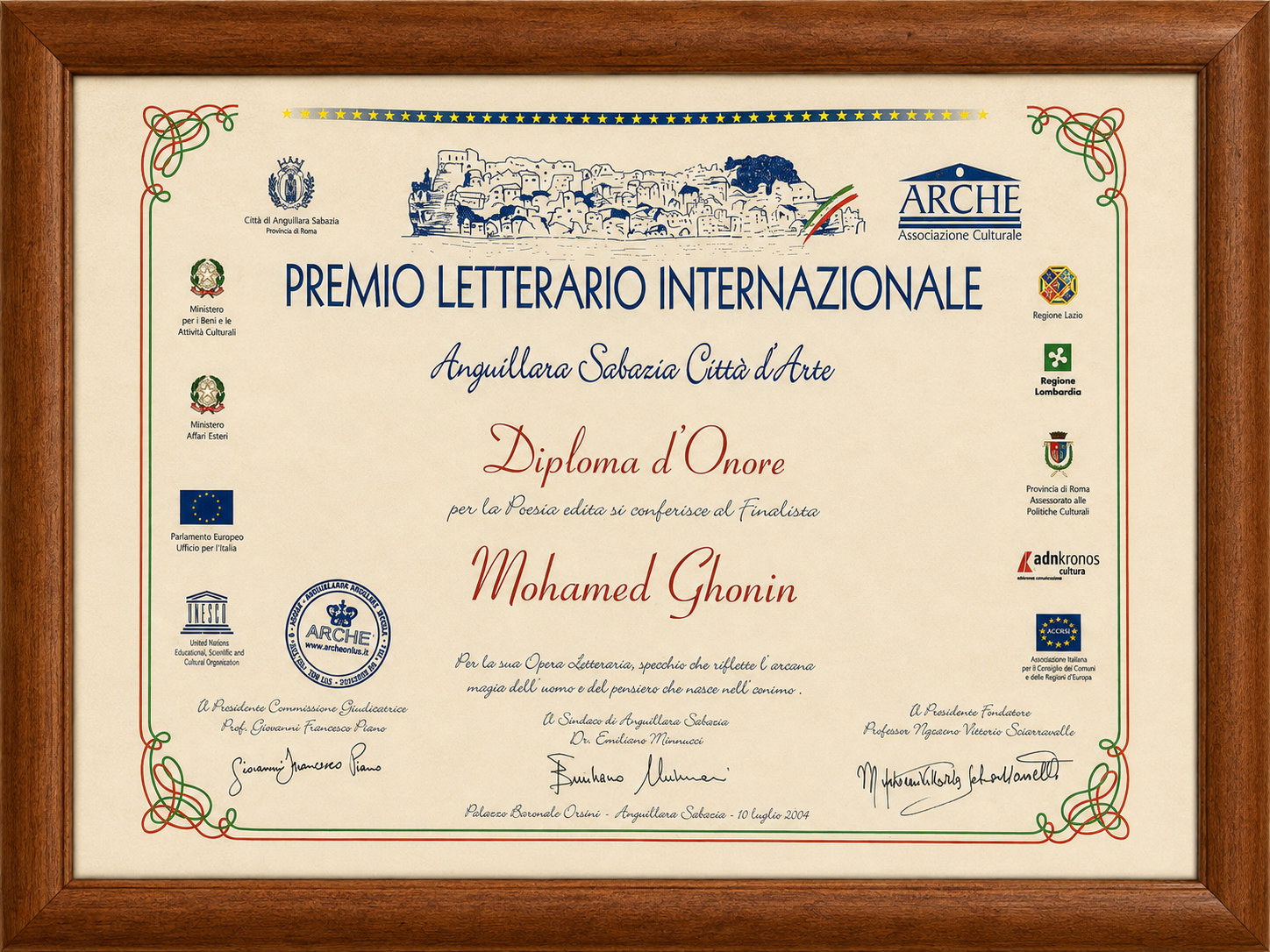 Diploma d'Onore del Premio Letterario Internazionale Anguillara Sabazia Città d'Arte